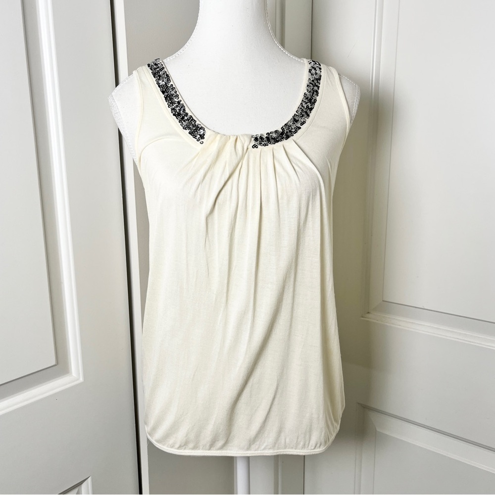 Ann Taylor Loft White Sequin Scoop Neck Top XS Boho Glam Festival Chic